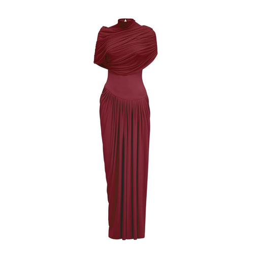 Brinley Maxi Dress - Crew Neck - Sleeveless - Asymmetrical Design with Pleats - Includes Unique Shawl