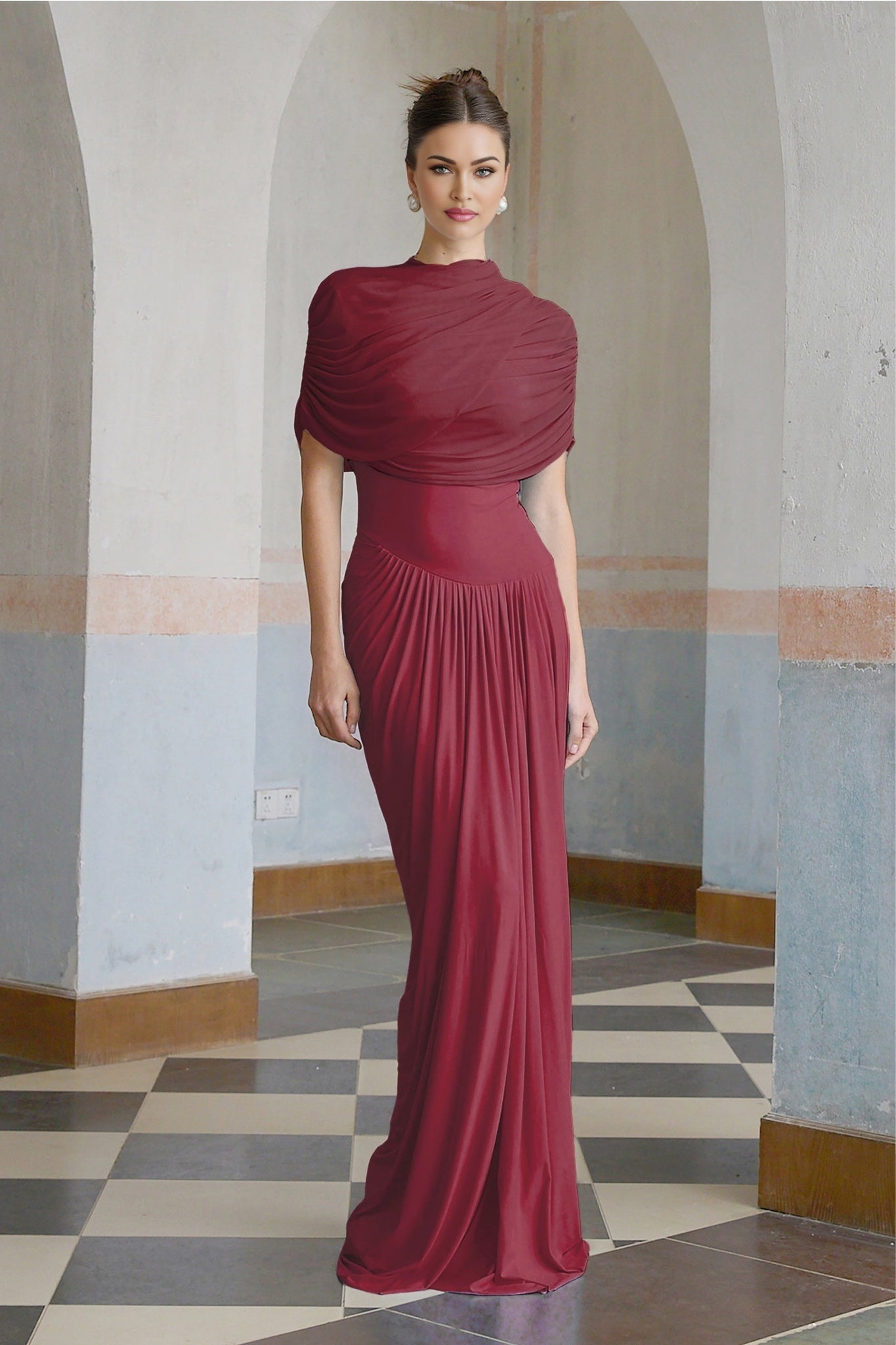 Brinley Maxi Dress - Crew Neck - Sleeveless - Asymmetrical Design with Pleats - Includes Unique Shawl