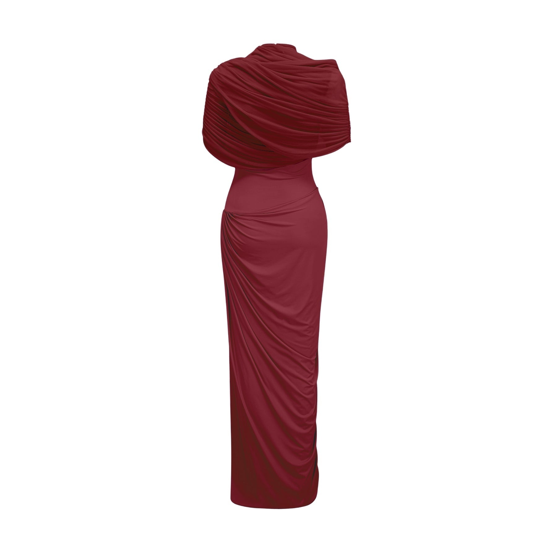 Brinley Maxi Dress - Crew Neck - Sleeveless - Asymmetrical Design with Pleats - Includes Unique Shawl