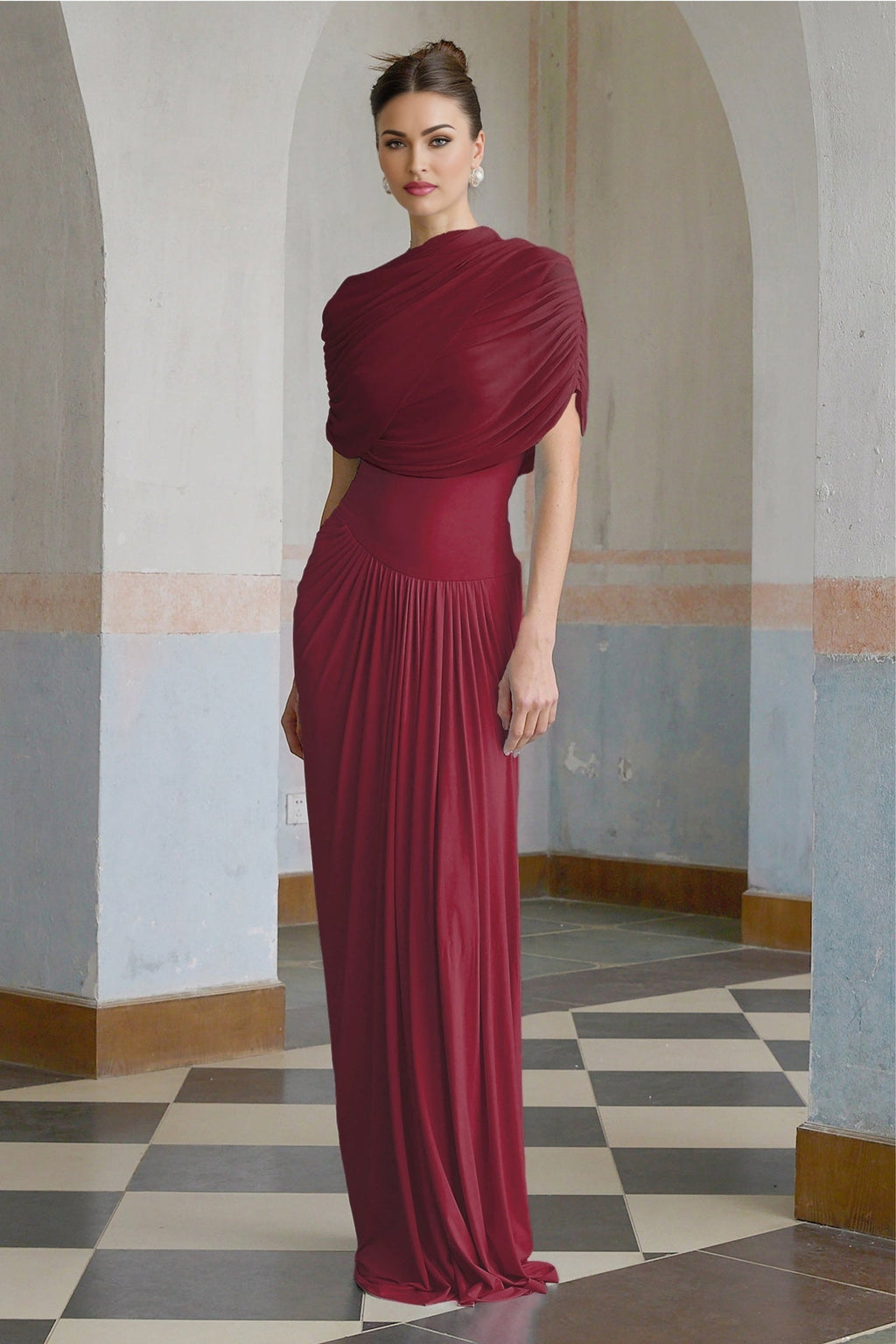Brinley Maxi Dress - Crew Neck - Sleeveless - Asymmetrical Design with Pleats - Includes Unique Shawl