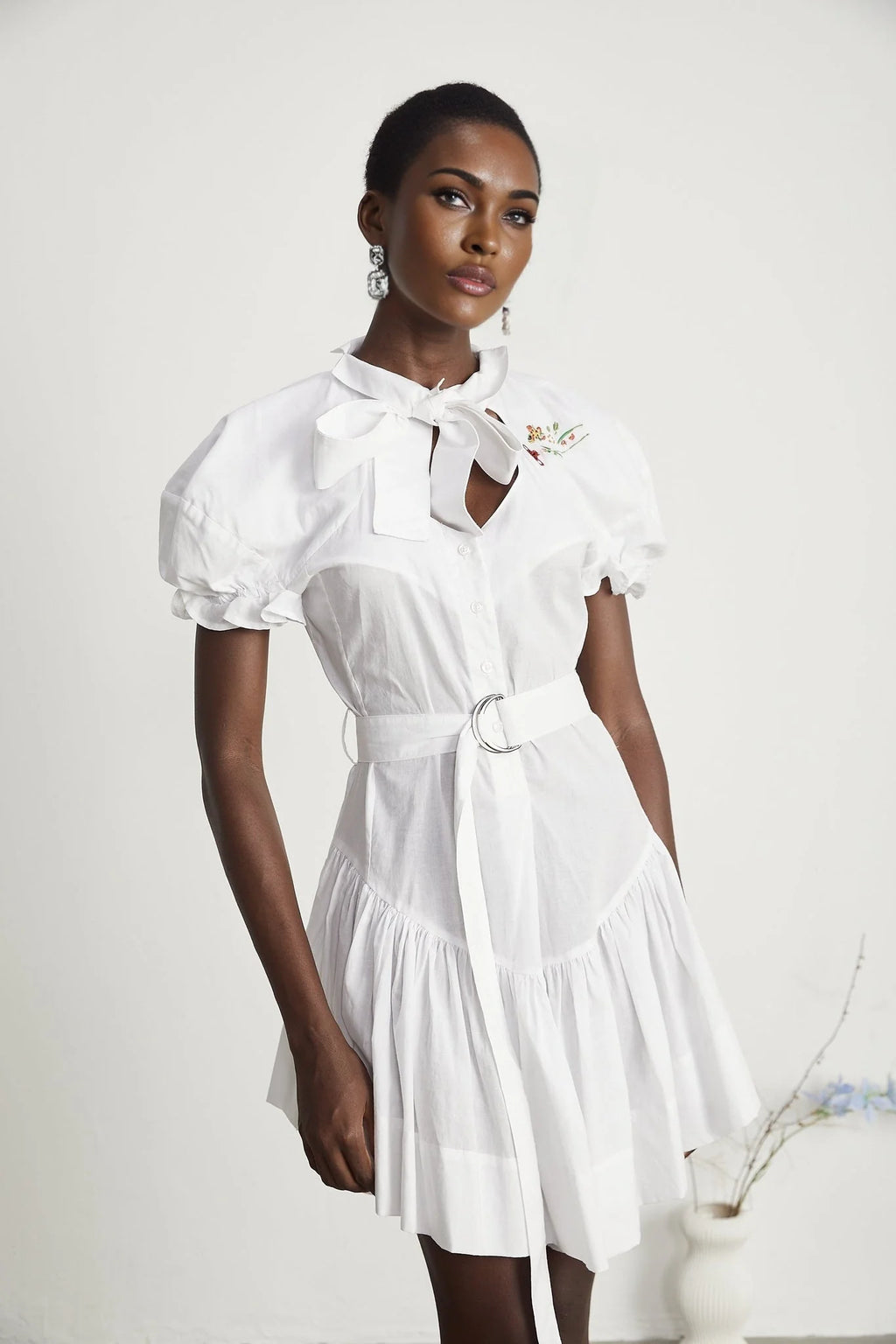 Brinley Mini Dress - Poplin Texture - Sweetheart Neck - Puff Sleeves - Floral Embroidery
