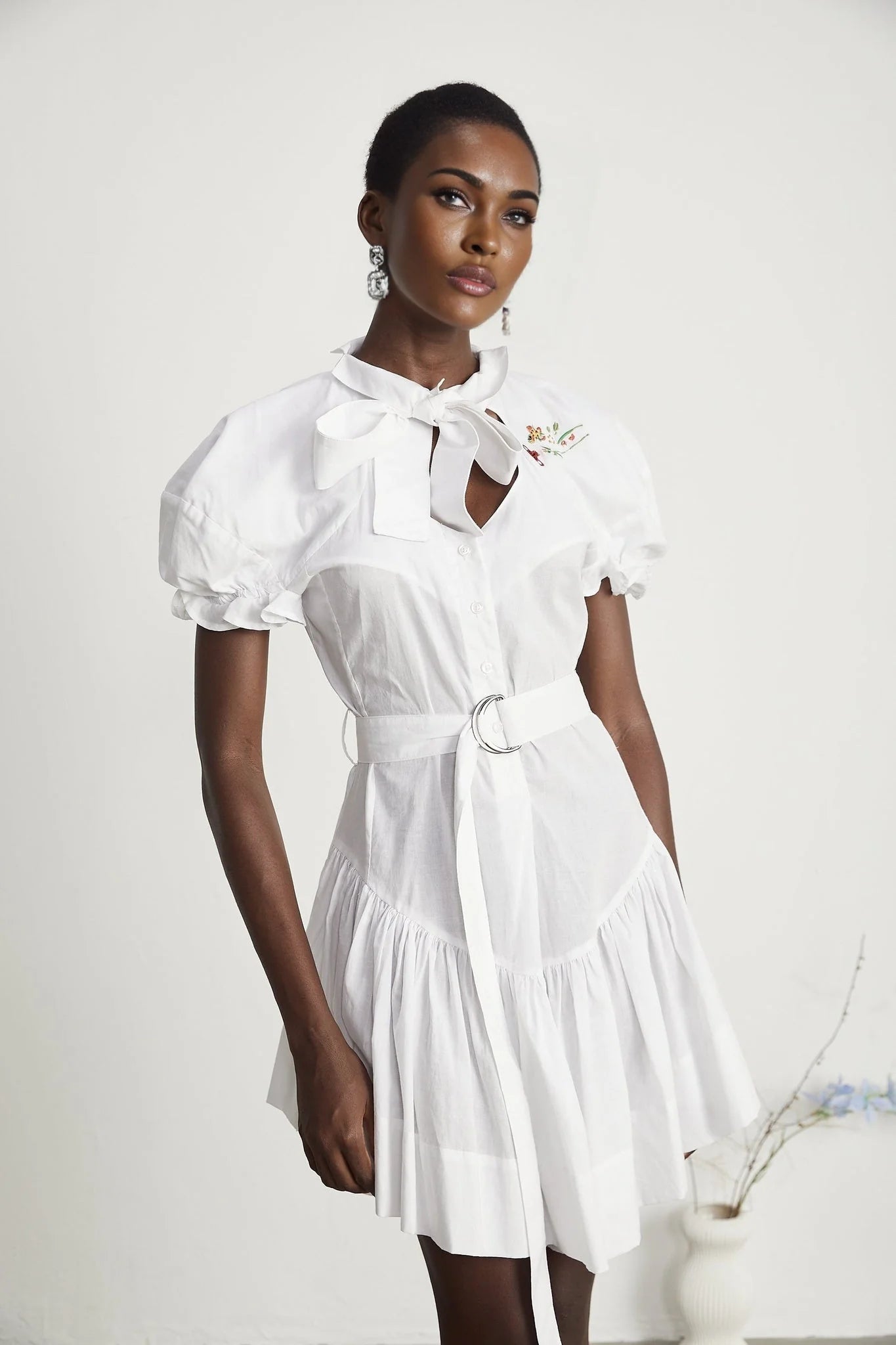 Brinley Mini Dress - Poplin Texture - Sweetheart Neck - Puff Sleeves - Floral Embroidery