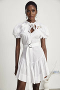 Brinley Mini Dress - Poplin Texture - Sweetheart Neck - Puff Sleeves - Floral Embroidery
