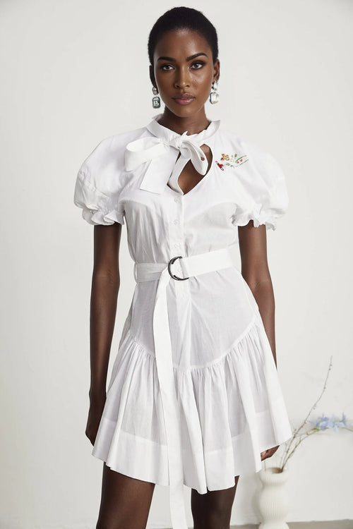 Brinley Mini Dress - Poplin Texture - Sweetheart Neck - Puff Sleeves - Floral Embroidery