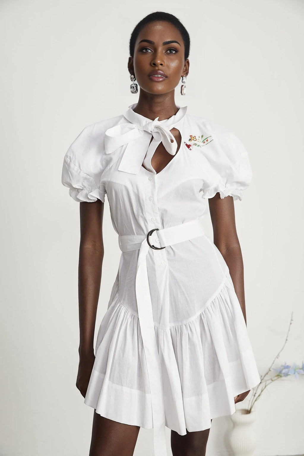 Brinley Mini Dress - Poplin Texture - Sweetheart Neck - Puff Sleeves - Floral Embroidery
