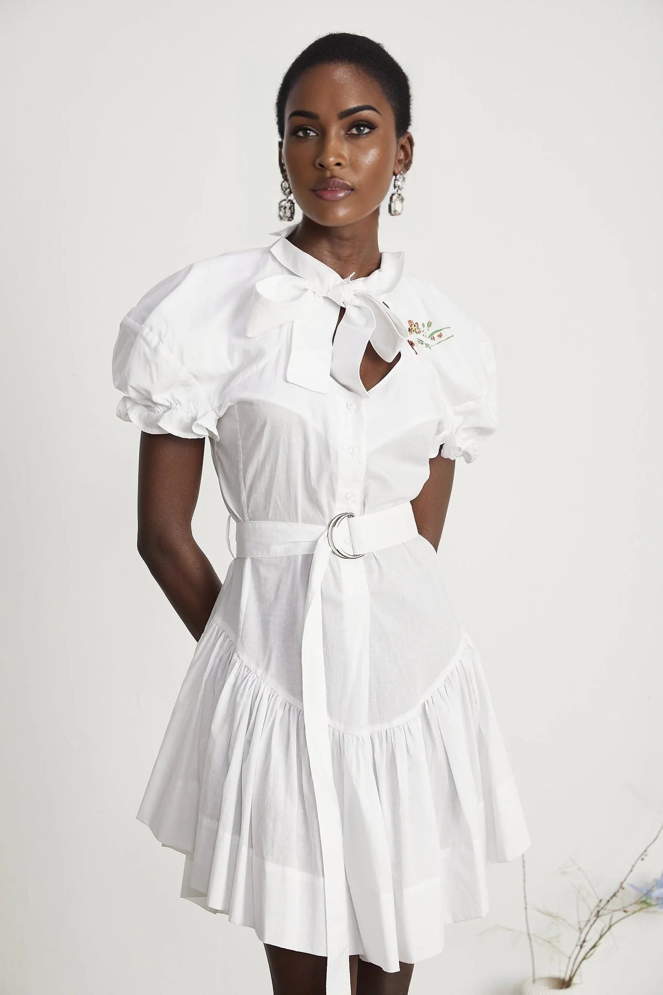Brinley Mini Dress - Poplin Texture - Sweetheart Neck - Puff Sleeves - Floral Embroidery