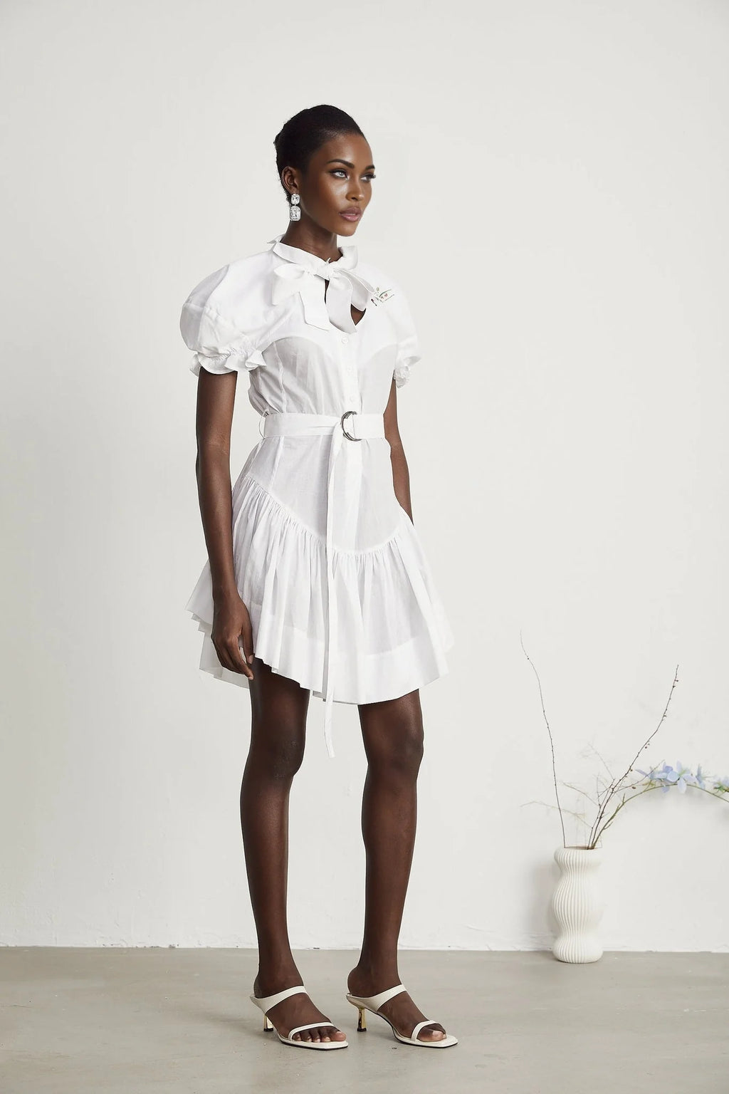 Brinley Mini Dress - Poplin Texture - Sweetheart Neck - Puff Sleeves - Floral Embroidery