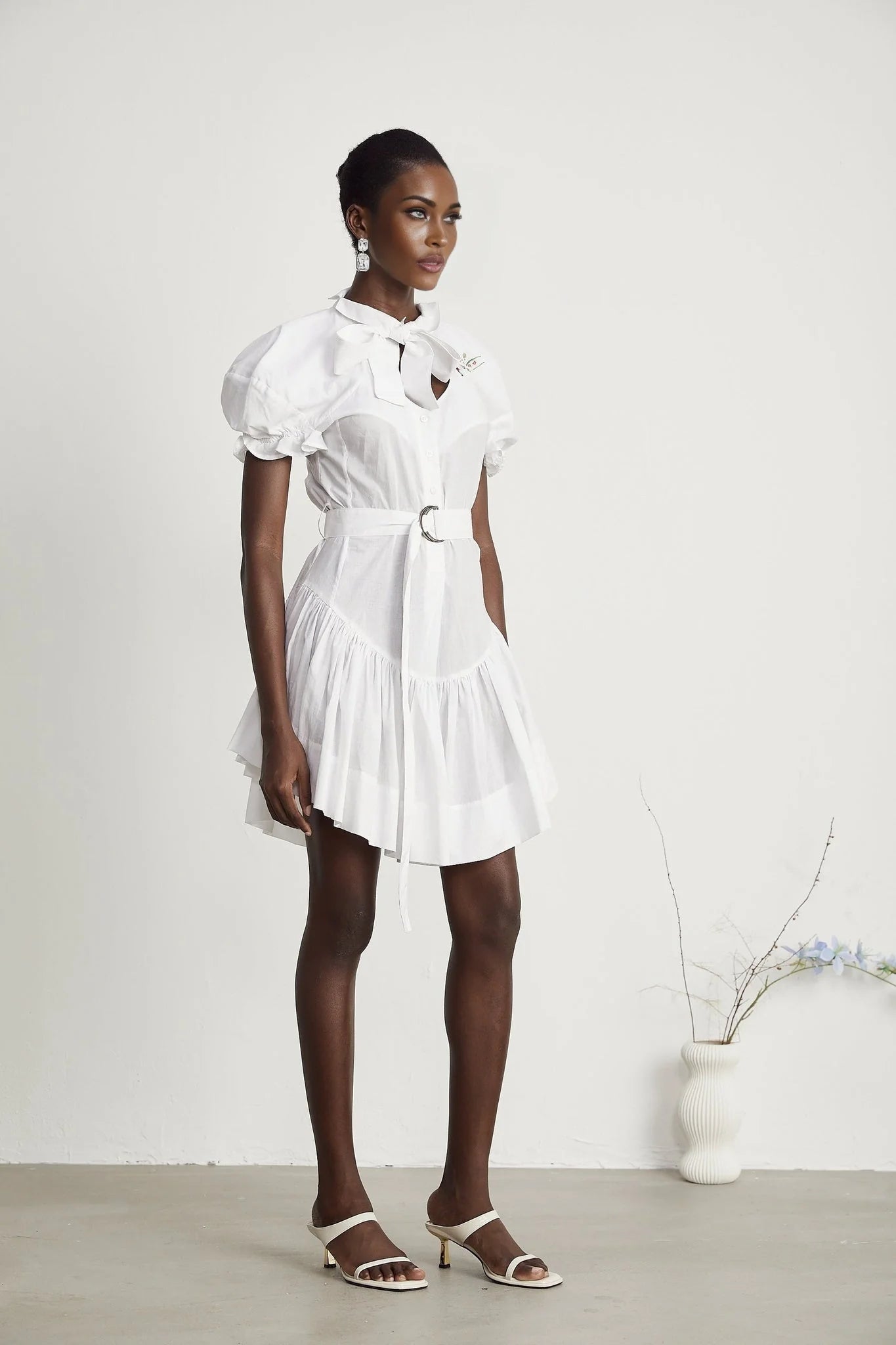 Brinley Mini Dress - Poplin Texture - Sweetheart Neck - Puff Sleeves - Floral Embroidery