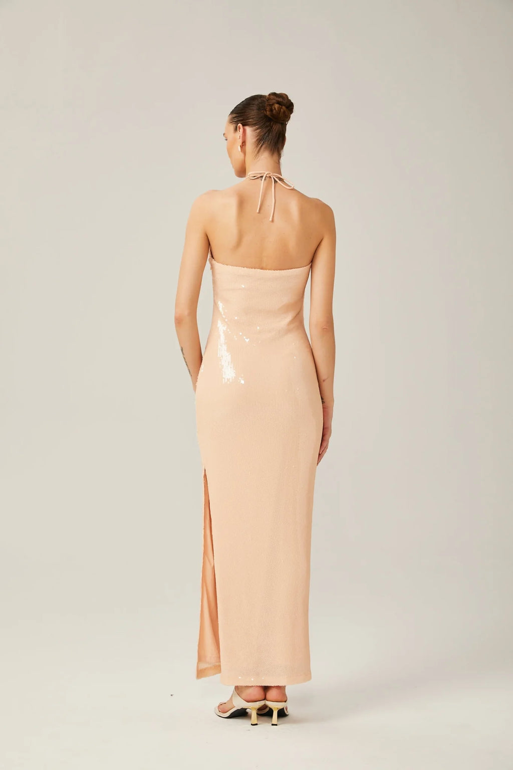 Bristol Maxi Dress - Halterneck Tie Fastening - Sequin Embellishment - Floral Appliqué - Side Slit Design