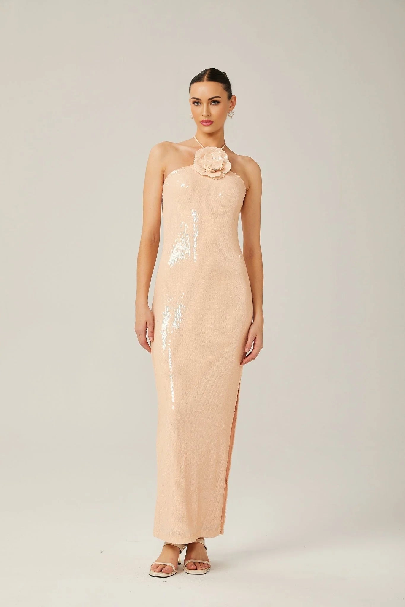 Bristol Maxi Dress - Halterneck Tie Fastening - Sequin Embellishment - Floral Appliqué - Side Slit Design
