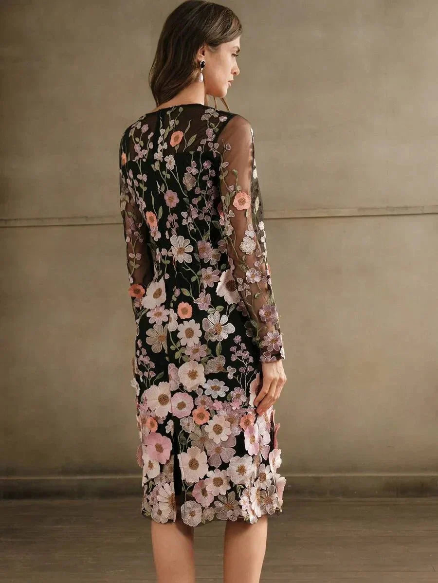 Bristol Midi Dress - Elegant Style - Floral Print - Long Sleeve - Fitted - Beach Occasion