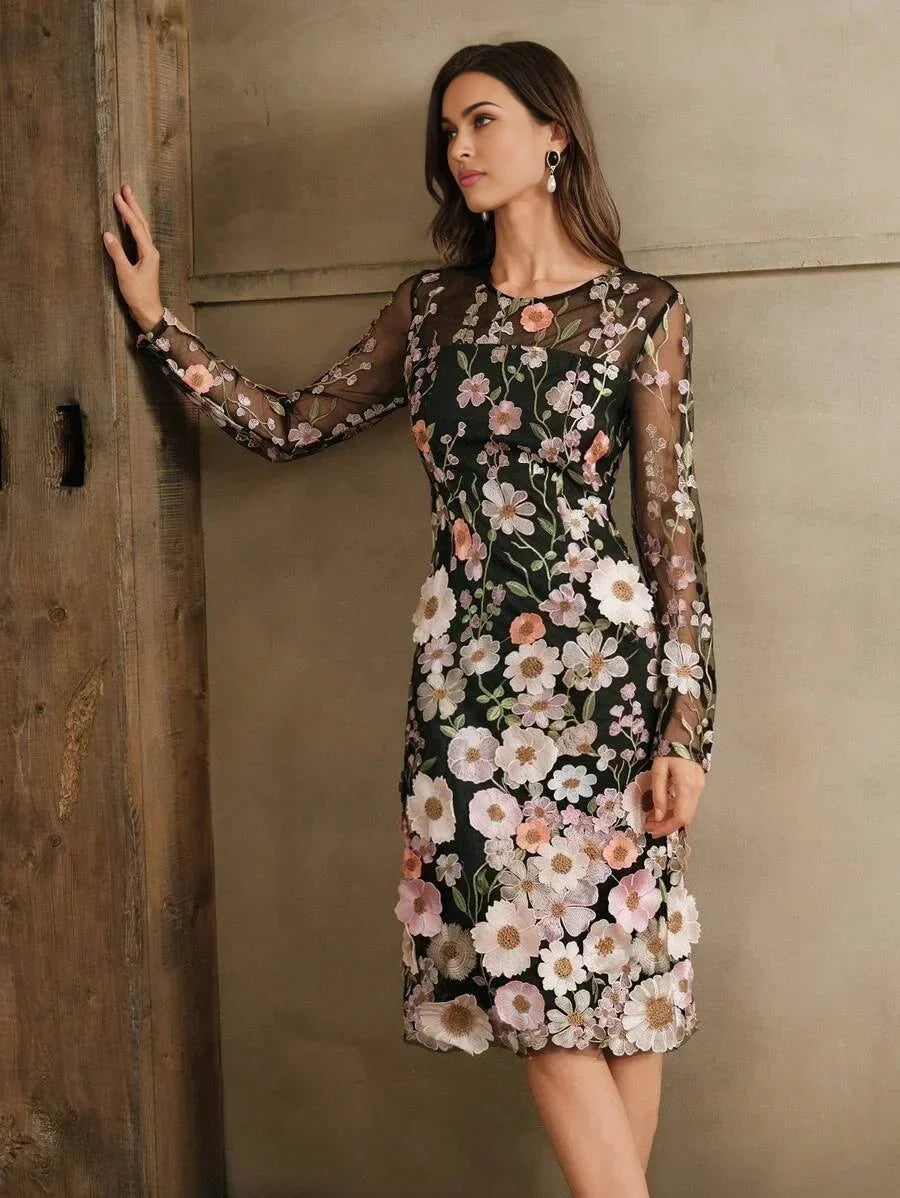 Bristol Midi Dress - Elegant Style - Floral Print - Long Sleeve - Fitted - Beach Occasion
