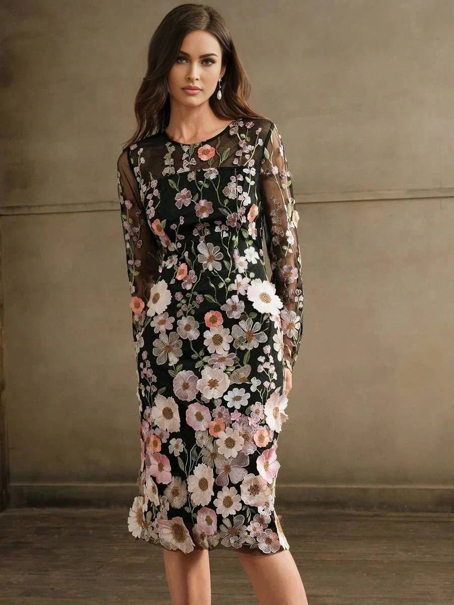 Bristol Midi Dress - Elegant Style - Floral Print - Long Sleeve - Fitted - Beach Occasion