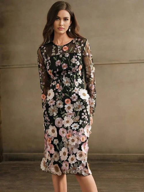 Bristol Midi Dress - Elegant Style - Floral Print - Long Sleeve - Fitted - Beach Occasion
