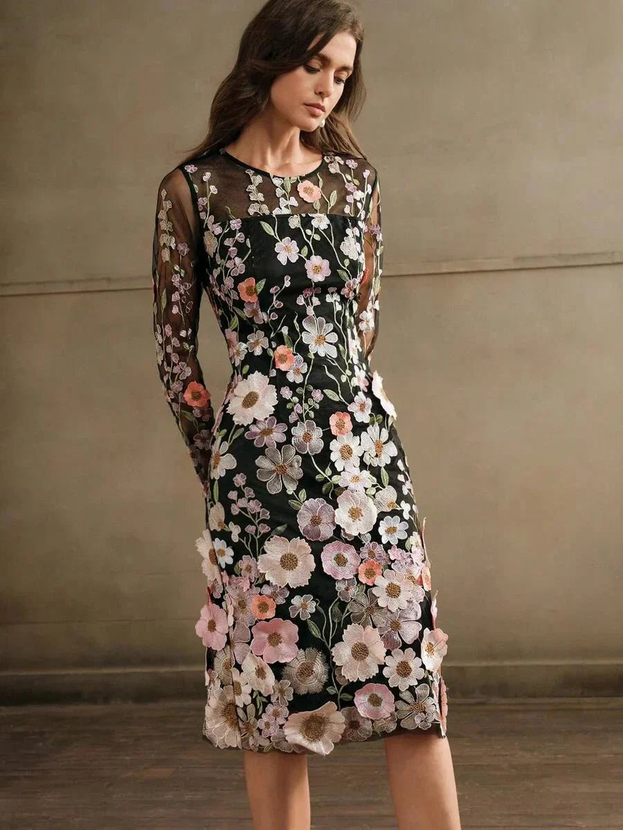 Bristol Midi Dress - Elegant Style - Floral Print - Long Sleeve - Fitted - Beach Occasion
