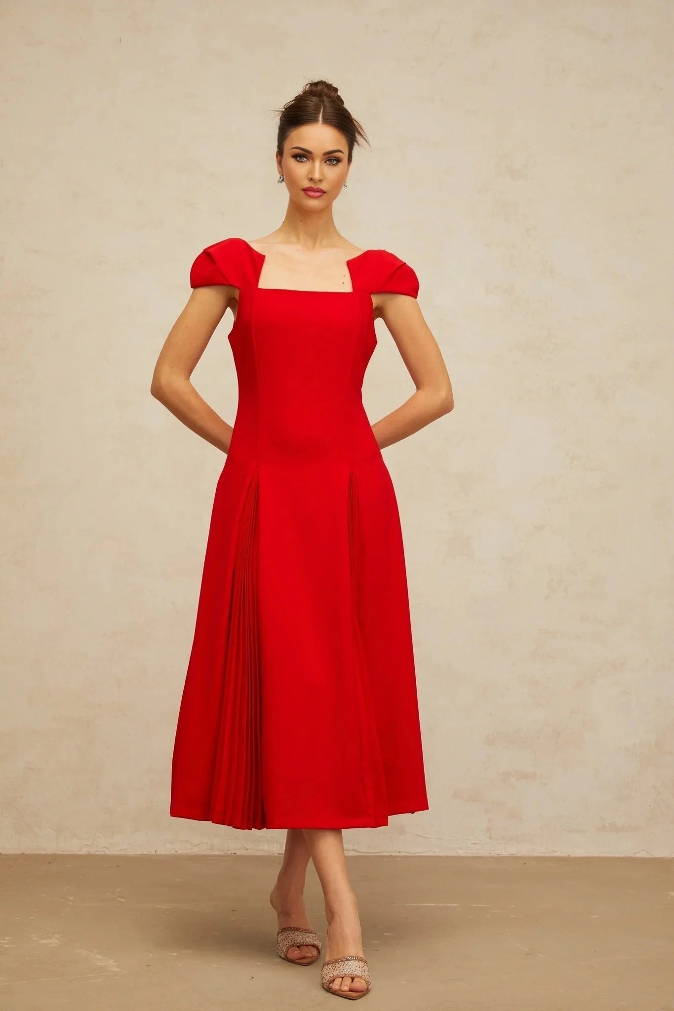 Bristol Midi Dress Red Pleated Flare