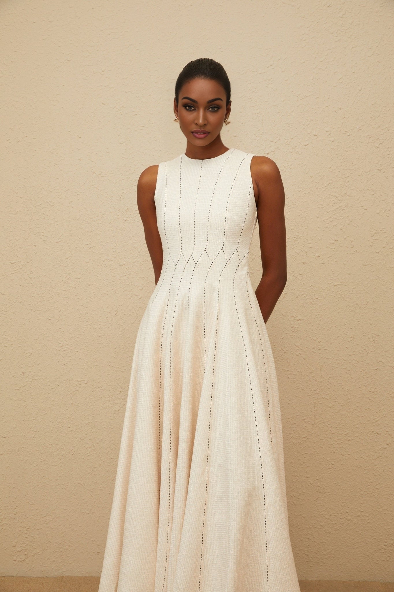 Bristol Midi Dress - Sleeveless - Fitted Waistline - Textured Finish - Shirred Effect - Rear Button Fastening