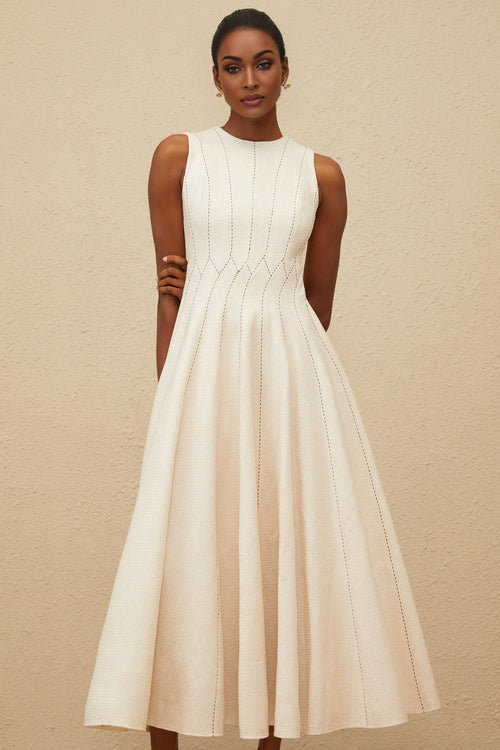 Bristol Midi Dress - Sleeveless - Fitted Waistline - Textured Finish - Shirred Effect - Rear Button Fastening
