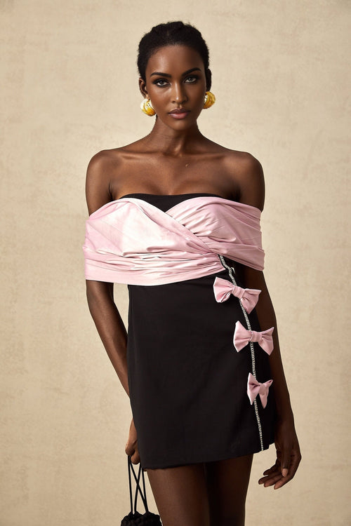 Bristol Mini Dress - Color - Blocked Design - Off - Shoulder Style - Ruffles & Bow Embellishment - Crystal Accents