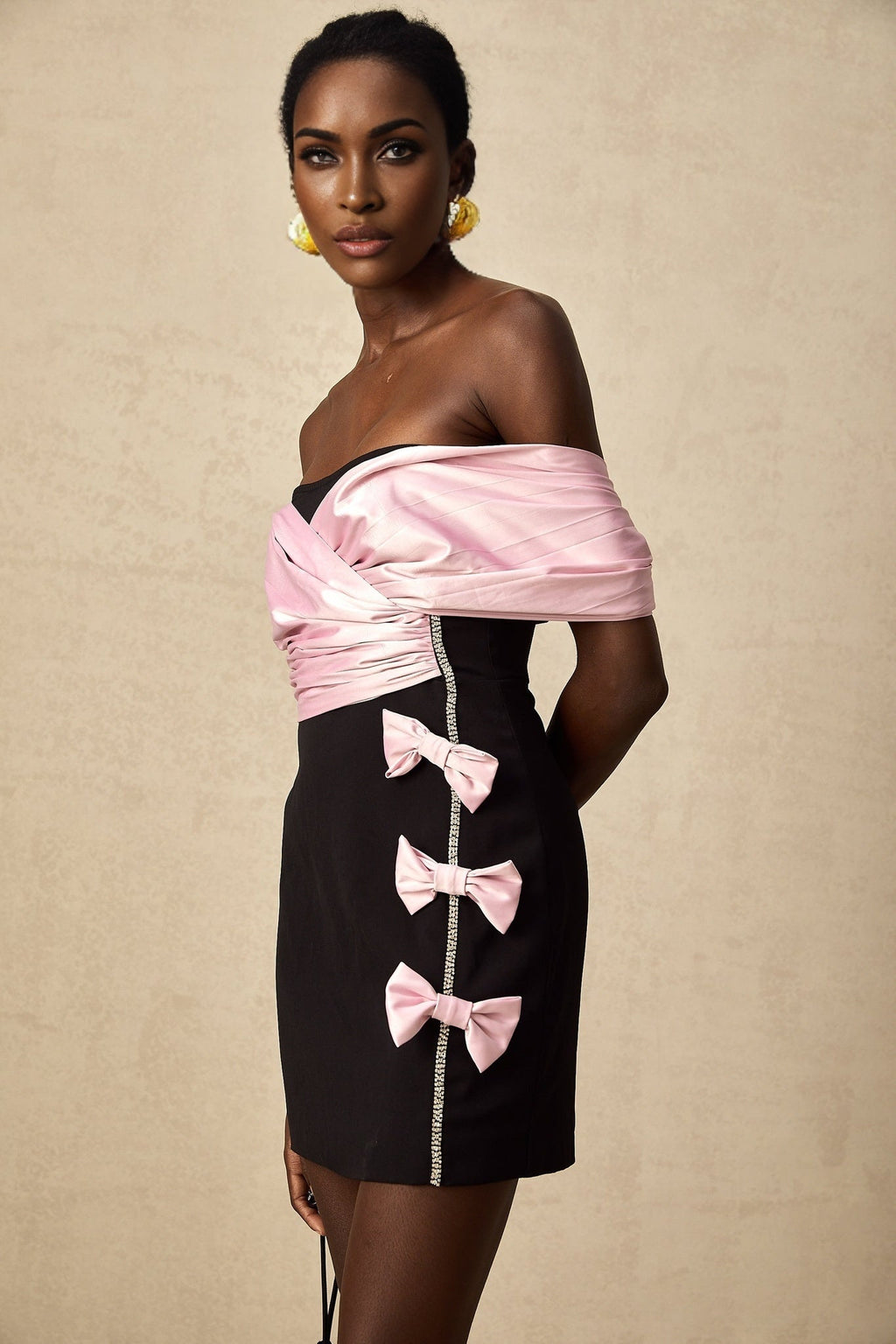 Bristol Mini Dress - Color - Blocked Design - Off - Shoulder Style - Ruffles & Bow Embellishment - Crystal Accents