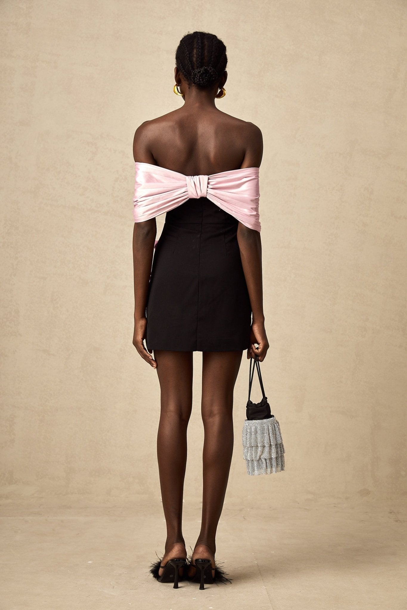Bristol Mini Dress - Color - Blocked Design - Off - Shoulder Style - Ruffles & Bow Embellishment - Crystal Accents