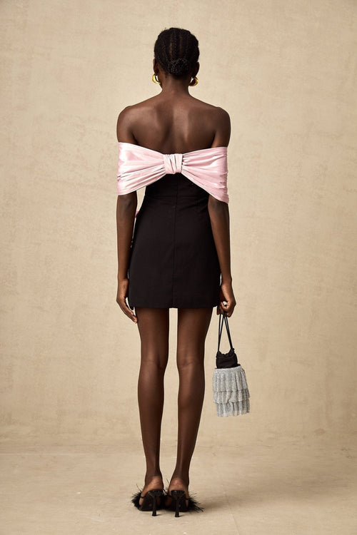 Bristol Mini Dress - Color - Blocked Design - Off - Shoulder Style - Ruffles & Bow Embellishment - Crystal Accents