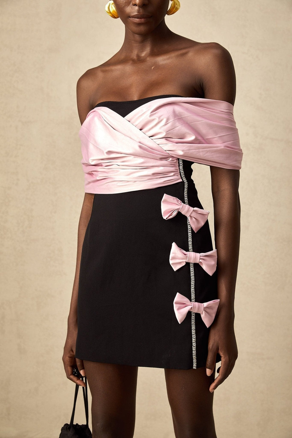 Bristol Mini Dress - Color - Blocked Design - Off - Shoulder Style - Ruffles & Bow Embellishment - Crystal Accents