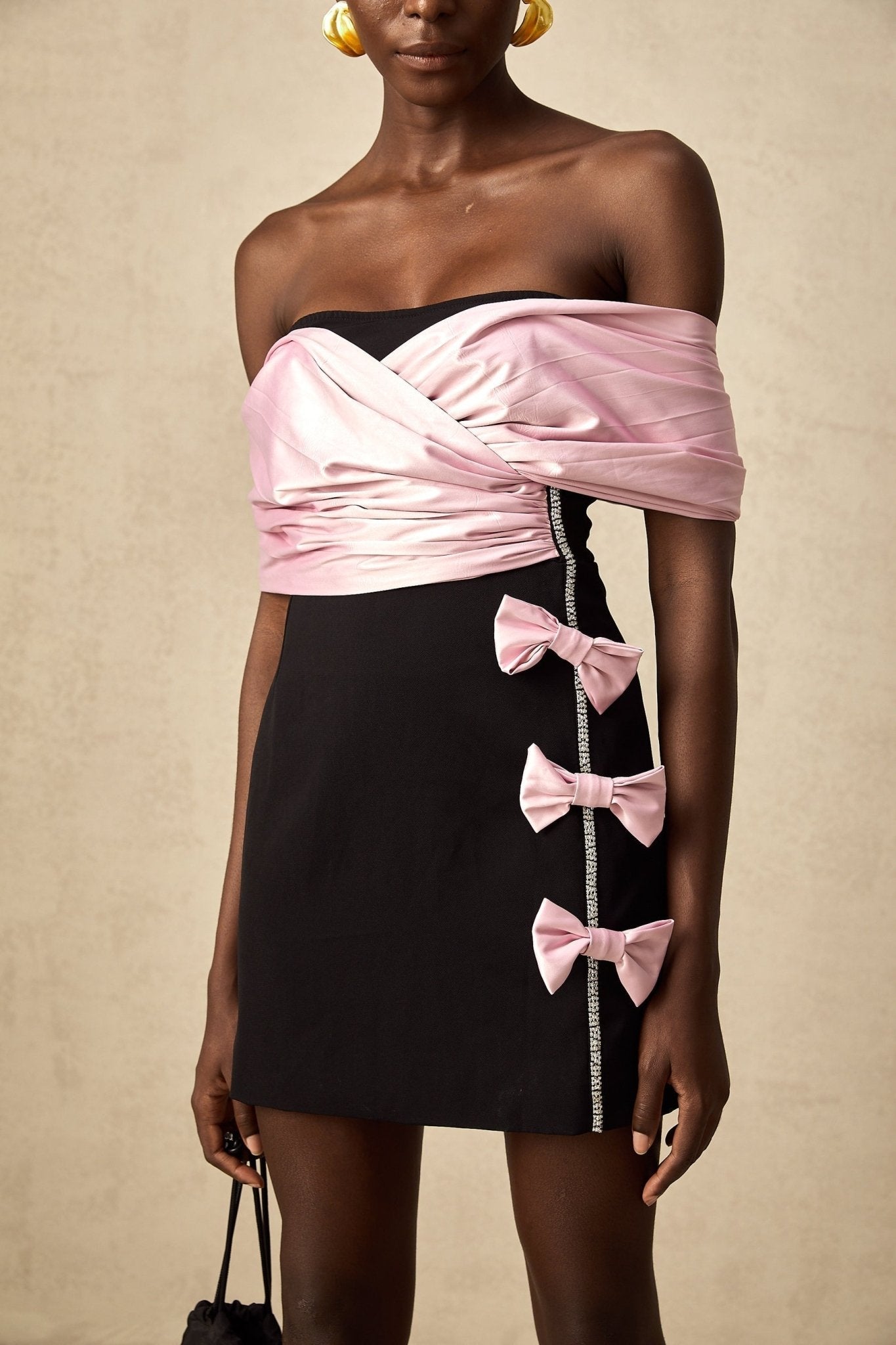 Bristol Mini Dress - Color - Blocked Design - Off - Shoulder Style - Ruffles & Bow Embellishment - Crystal Accents