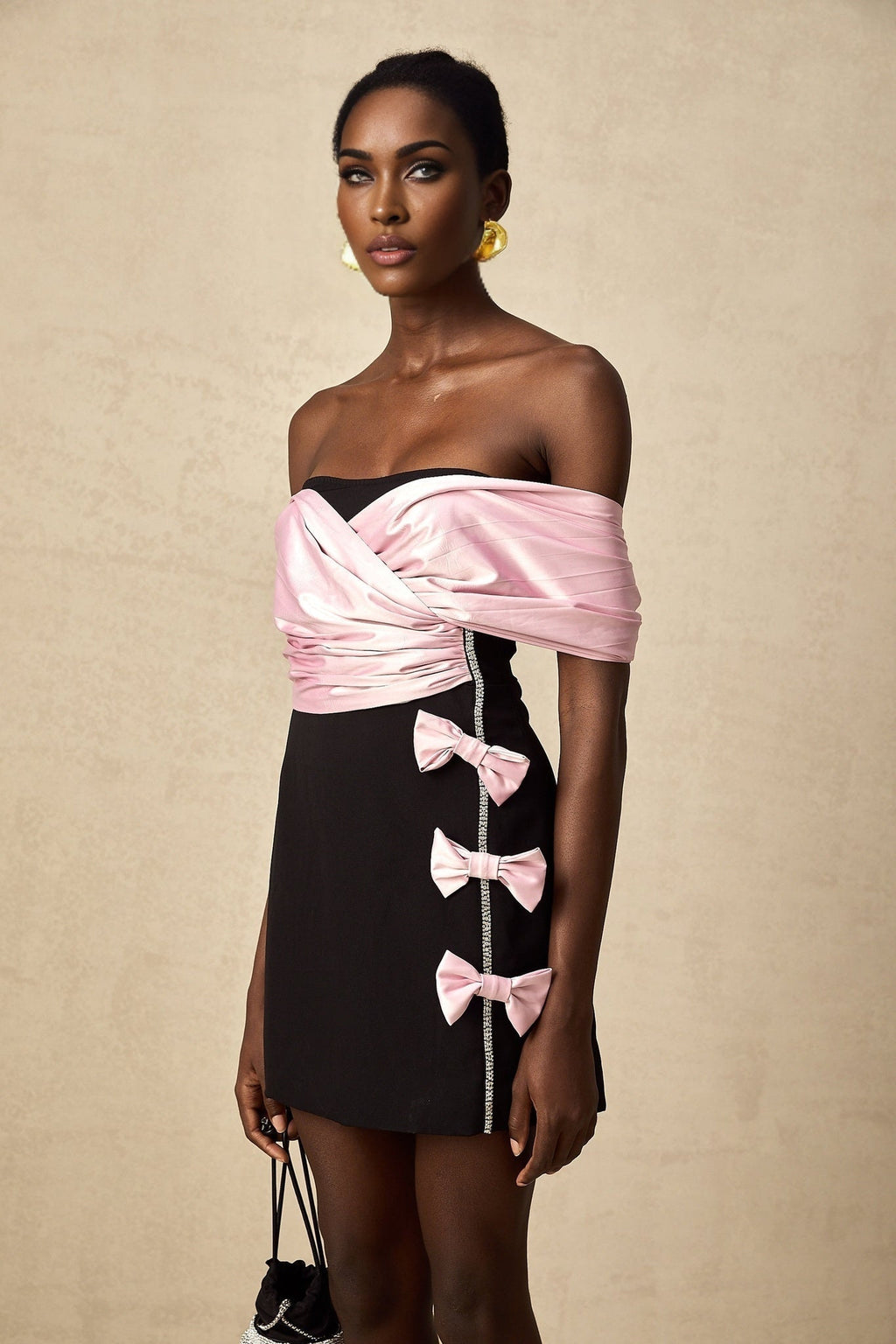 Bristol Mini Dress - Color - Blocked Design - Off - Shoulder Style - Ruffles & Bow Embellishment - Crystal Accents