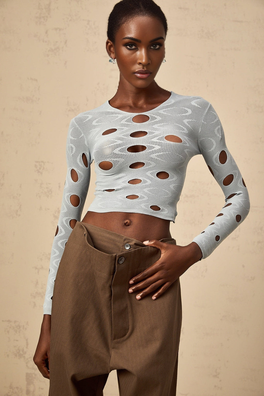 Brooklyn Cropped Top Blue Cut - out Stretchy Long Sleeve