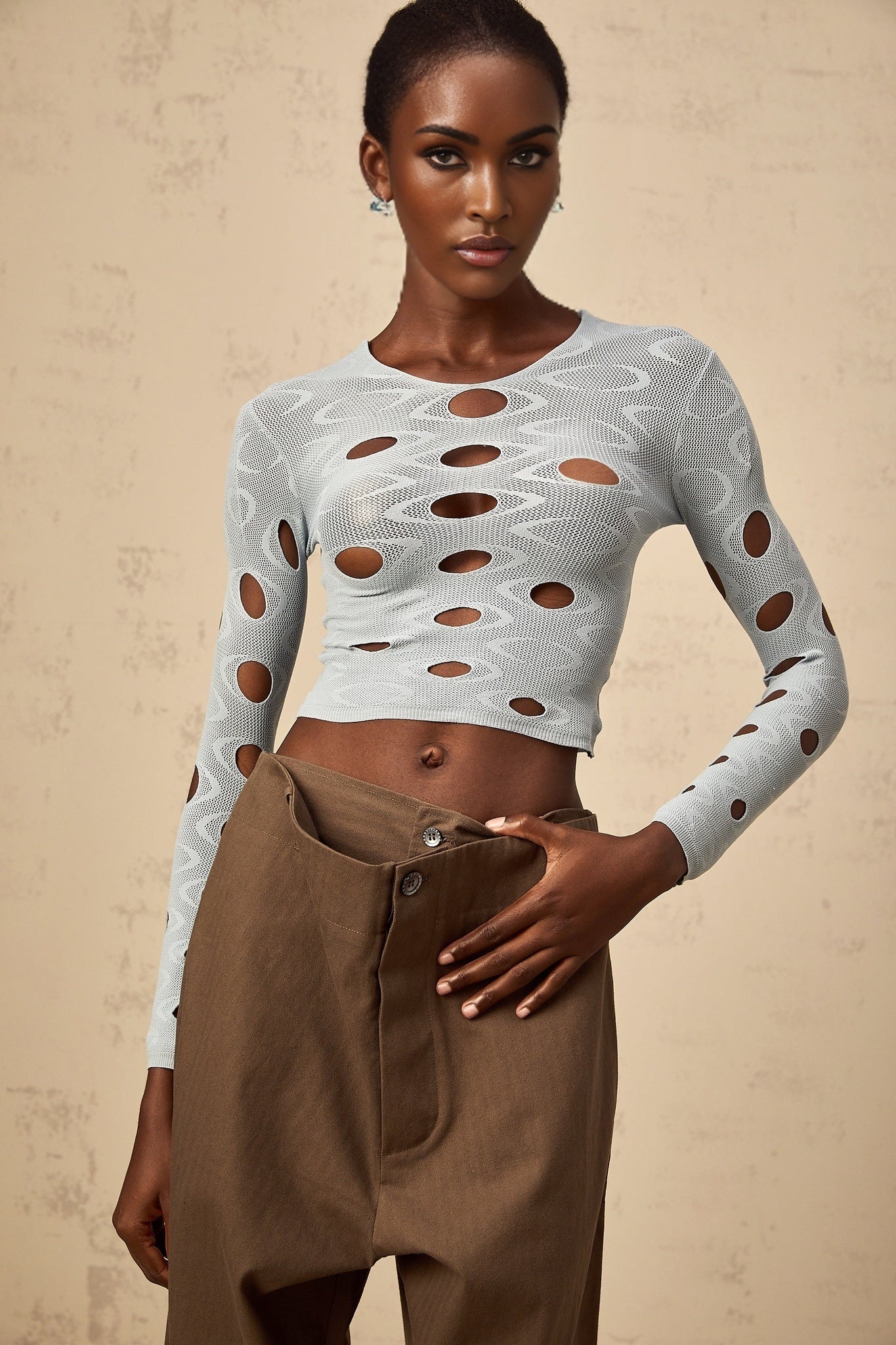 Brooklyn Cropped Top Blue Cut - out Stretchy Long Sleeve