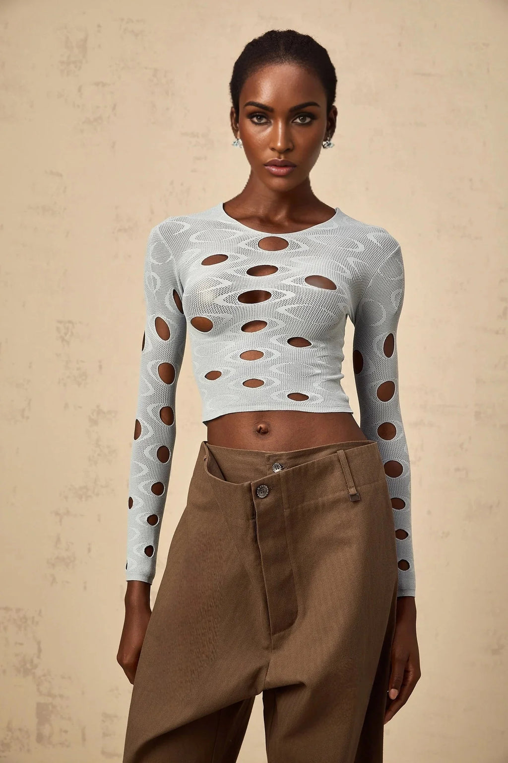 Brooklyn Cropped Top Blue Cut - out Stretchy Long Sleeve