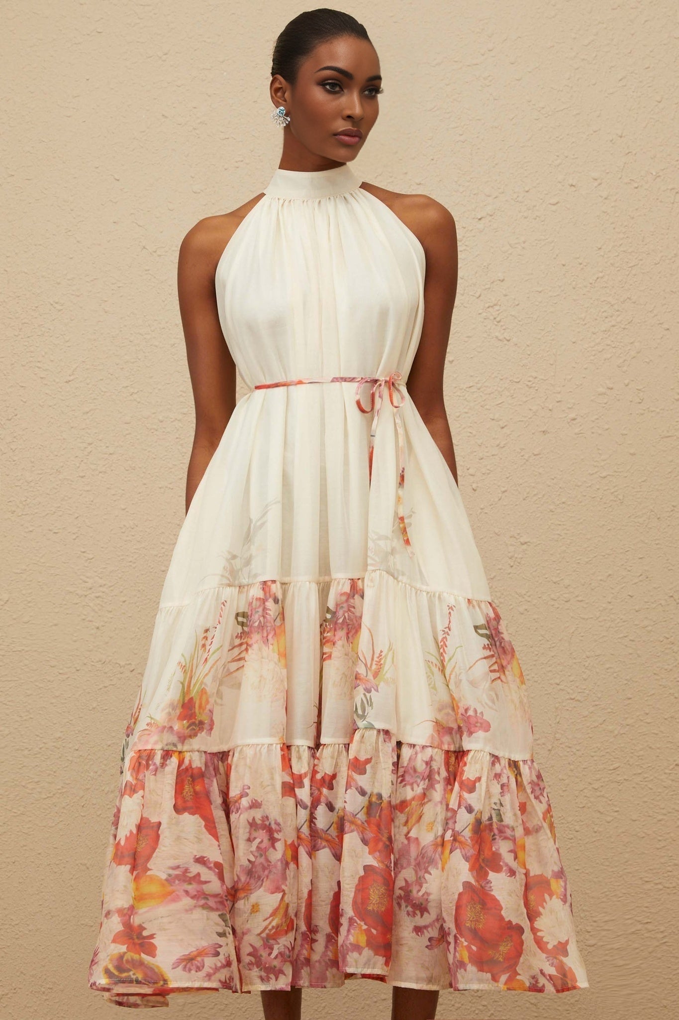 Brooklyn Midi Dress - Sleeveless - Mock Neck - Tied Waist - Floral Print - Shirred Effect