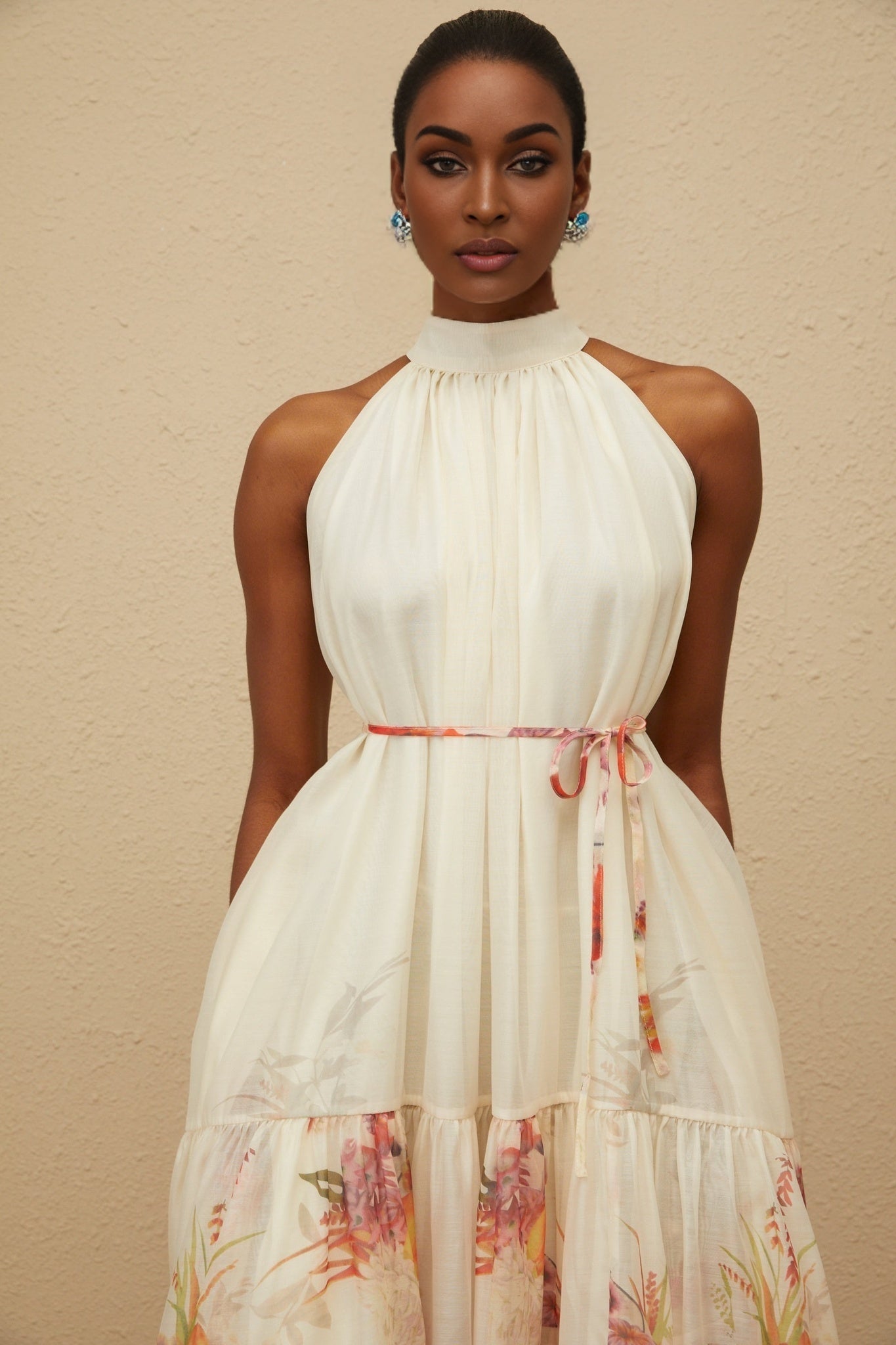Brooklyn Midi Dress - Sleeveless - Mock Neck - Tied Waist - Floral Print - Shirred Effect