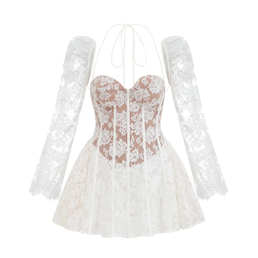 Brooklyn Mini Dress White Floral - Lace Corset Puff - Sleeve