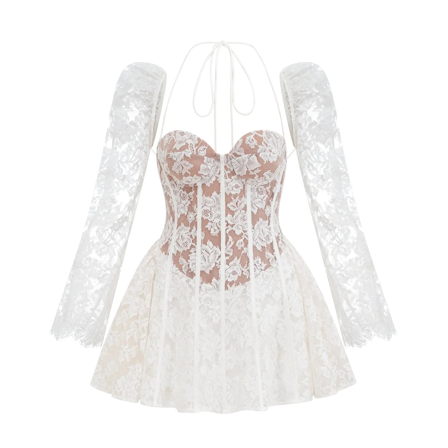 Brooklyn Mini Dress White Floral - Lace Corset Puff - Sleeve
