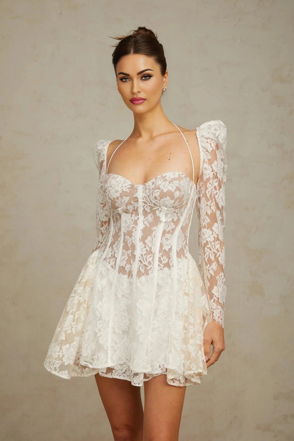 Brooklyn Mini Dress White Floral - Lace Corset Puff - Sleeve