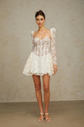 Brooklyn Mini Dress White Floral - Lace Corset Puff - Sleeve