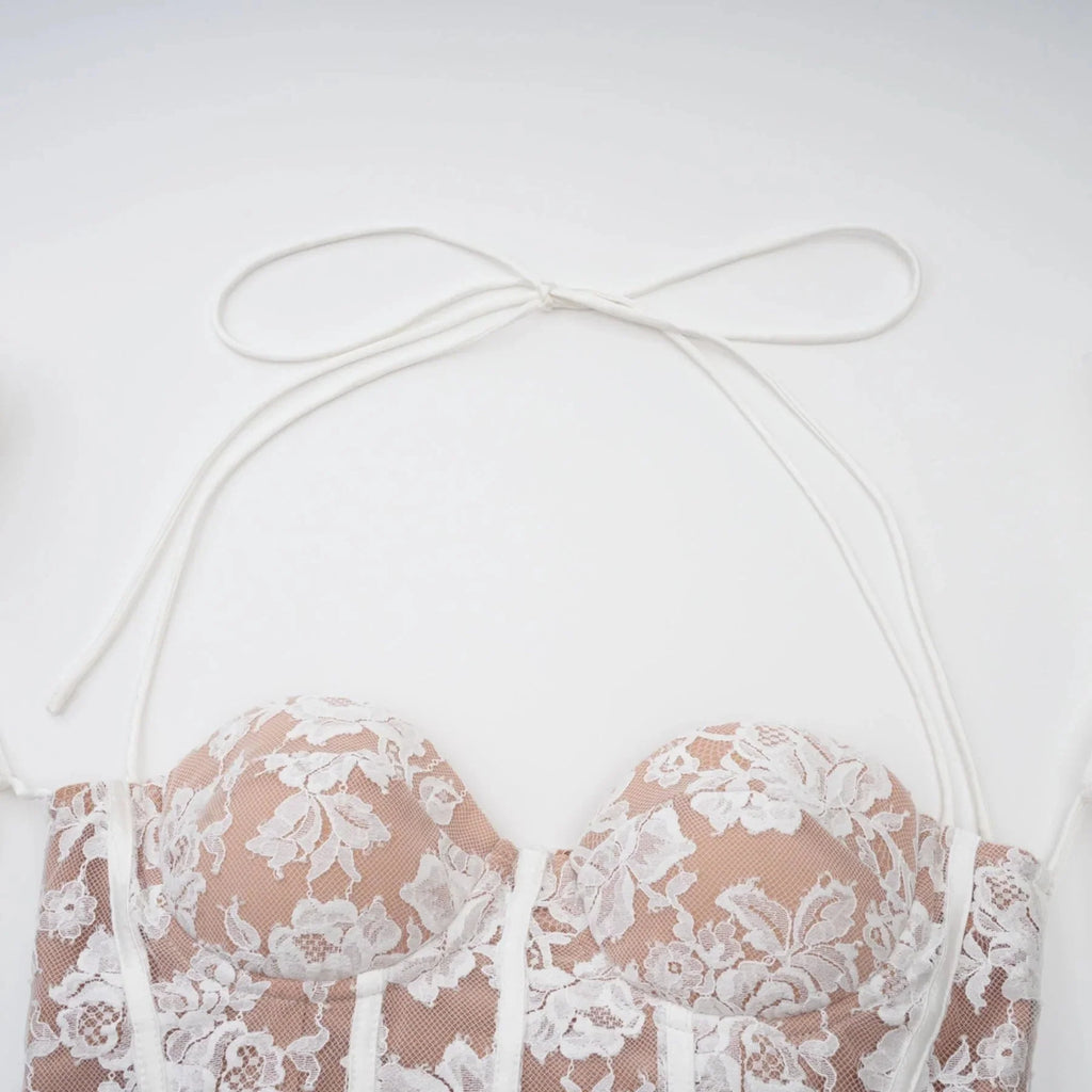 Brooklyn Mini Dress White Floral - Lace Corset Puff - Sleeve