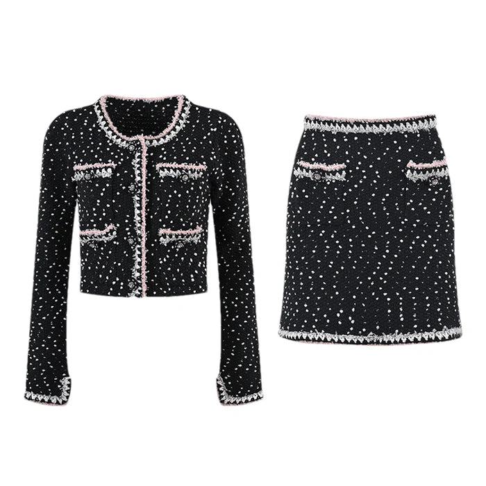 Brooklynn Jacket & Skirt - Long Sleeve - Snowflake Dots Design - Front Button Fastening - Knitted Construction