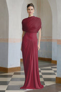 Brooklynn Maxi Dress - Elegant Shawl Style - Asymmetrical Pleating Design - Breezy Sleeveless Style - Floor - Grazing Length