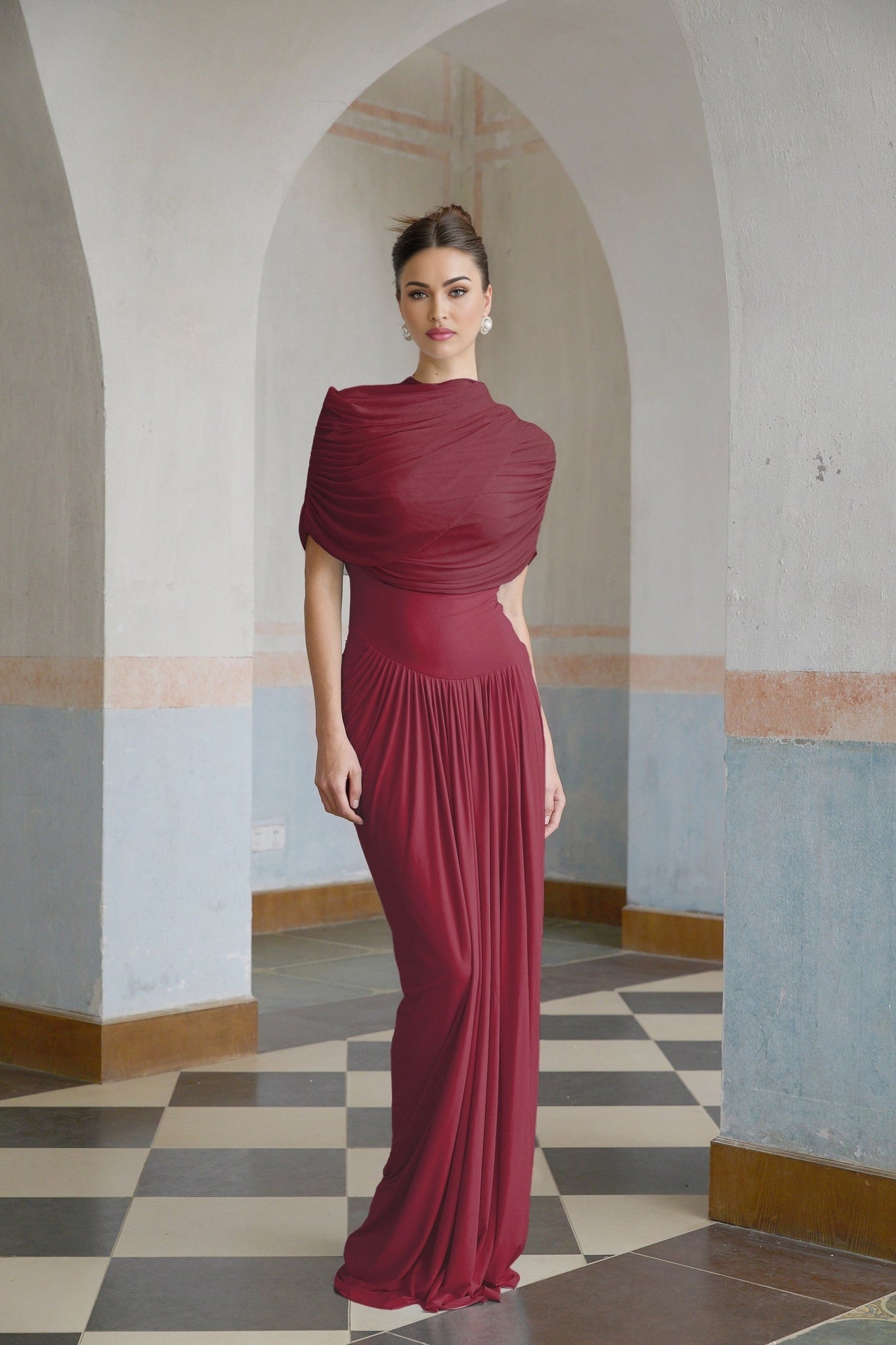 Brooklynn Maxi Dress - Elegant Shawl Style - Asymmetrical Pleating Design - Breezy Sleeveless Style - Floor - Grazing Length