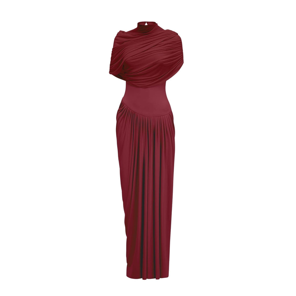 Brooklynn Maxi Dress - Elegant Shawl Style - Asymmetrical Pleating Design - Breezy Sleeveless Style - Floor - Grazing Length