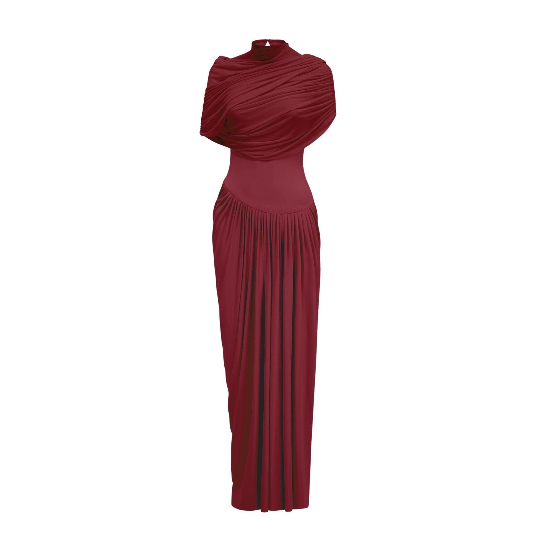 Brooklynn Maxi Dress - Elegant Shawl Style - Asymmetrical Pleating Design - Breezy Sleeveless Style - Floor - Grazing Length