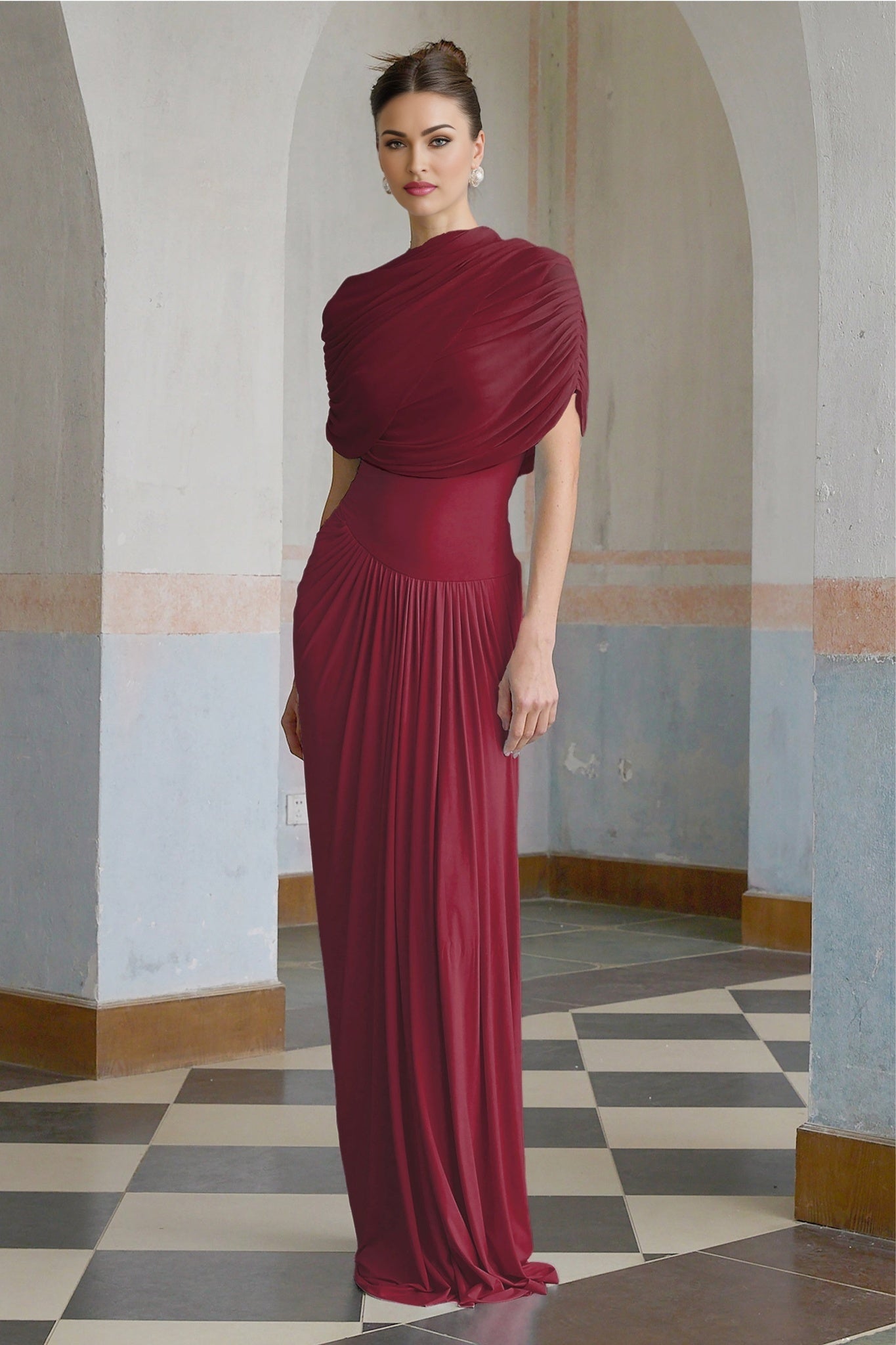 Brooklynn Maxi Dress - Elegant Shawl Style - Asymmetrical Pleating Design - Breezy Sleeveless Style - Floor - Grazing Length