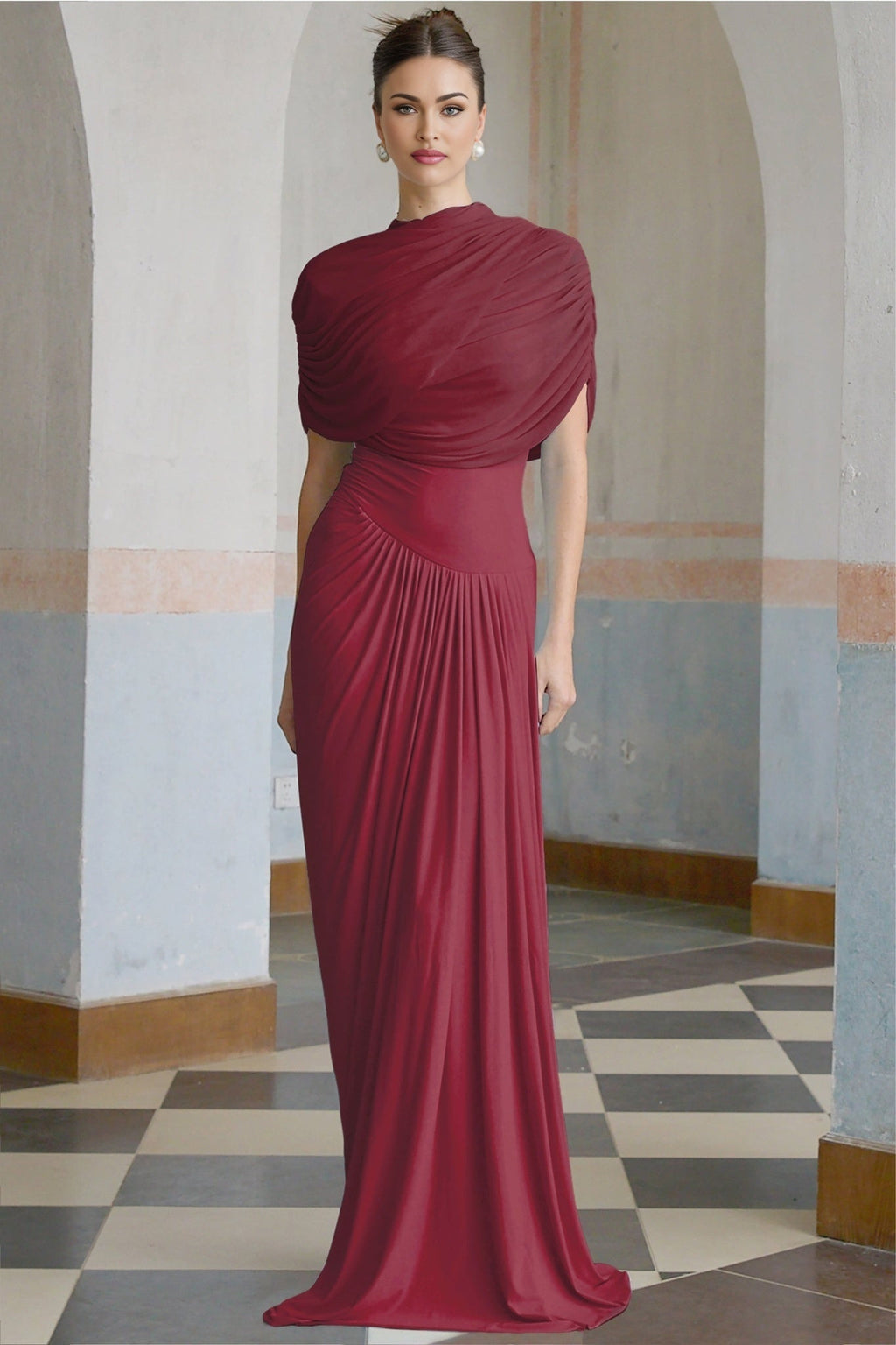 Brooklynn Maxi Dress - Elegant Shawl Style - Asymmetrical Pleating Design - Breezy Sleeveless Style - Floor - Grazing Length