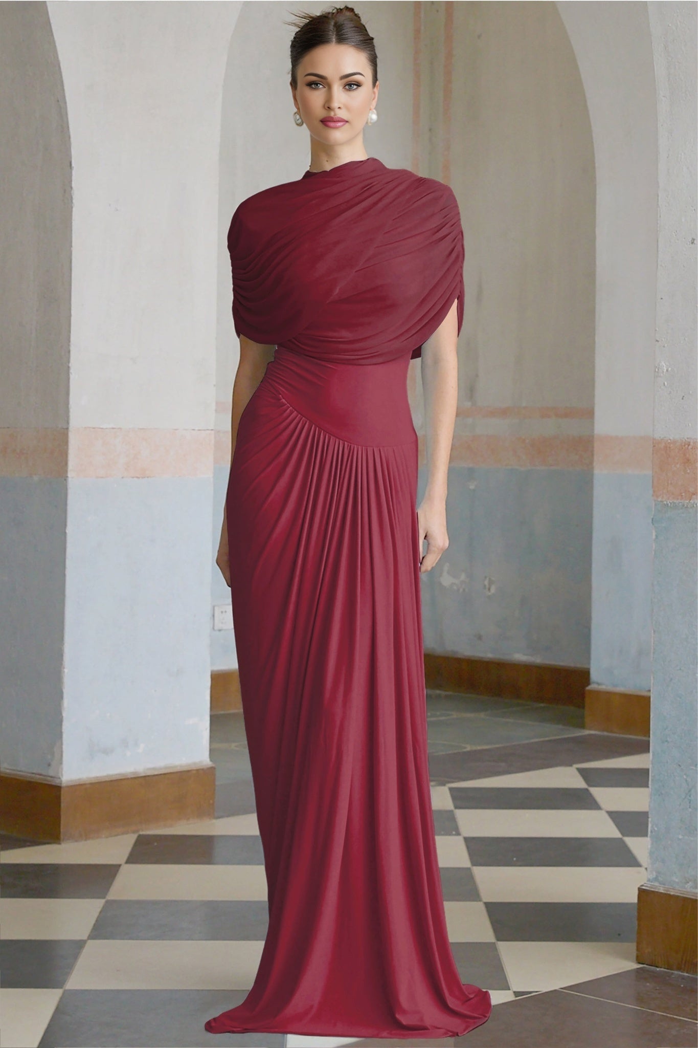 Brooklynn Maxi Dress - Elegant Shawl Style - Asymmetrical Pleating Design - Breezy Sleeveless Style - Floor - Grazing Length
