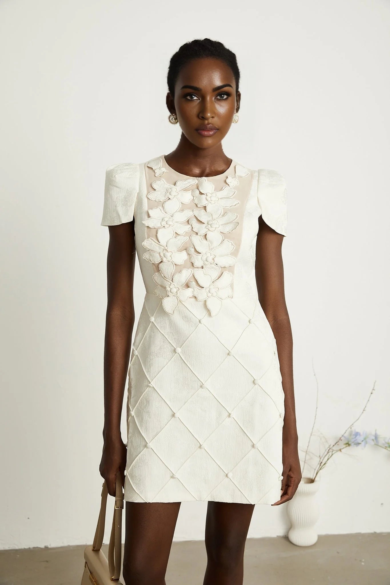 Brooklynn Mini Dress - 3D Petal Detailing - Fitted Waist - Fabric - Covered Buttons - Tulle Panelling - Rear Zip Fastening