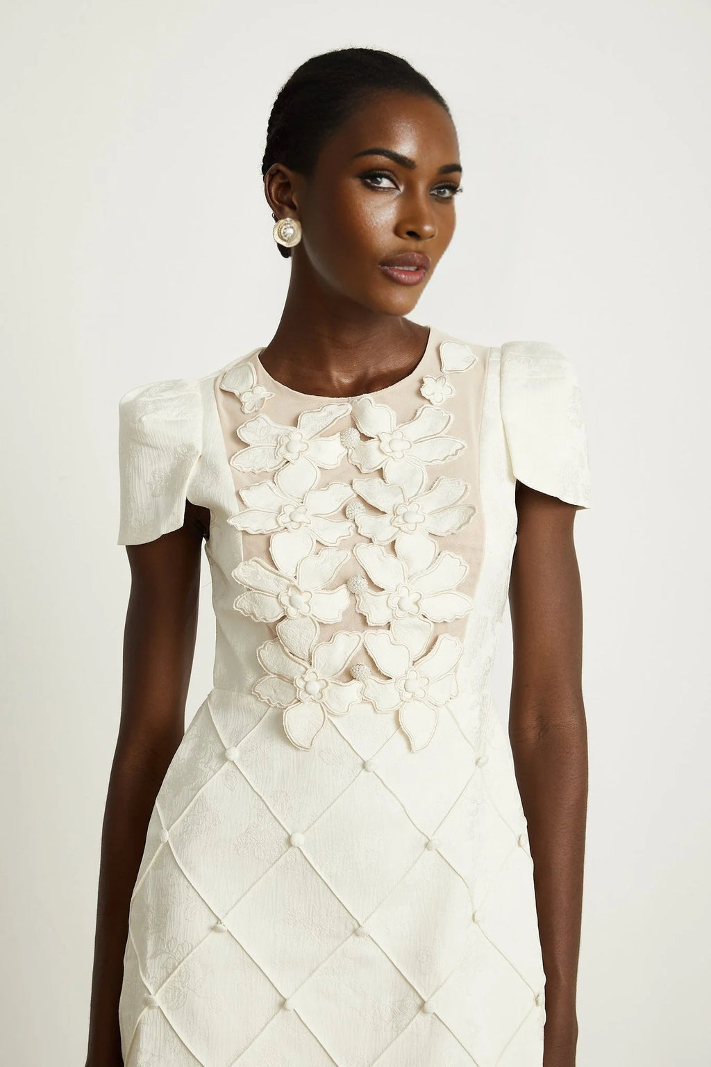 Brooklynn Mini Dress - 3D Petal Detailing - Fitted Waist - Fabric - Covered Buttons - Tulle Panelling - Rear Zip Fastening