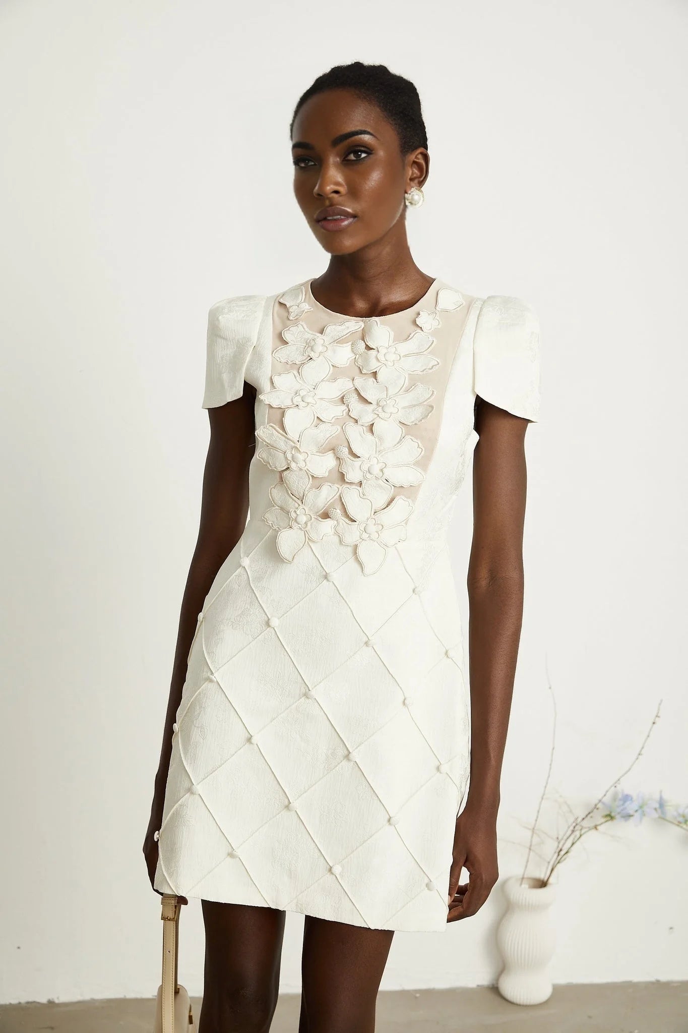 Brooklynn Mini Dress - 3D Petal Detailing - Fitted Waist - Fabric - Covered Buttons - Tulle Panelling - Rear Zip Fastening